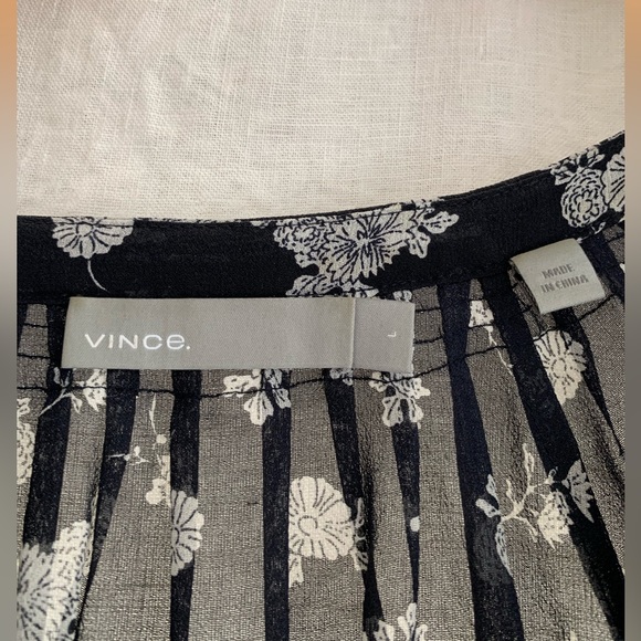 Vince Calico Print Floral Silk Blouse Coastal Navy Sheer - Picture 6 of 10